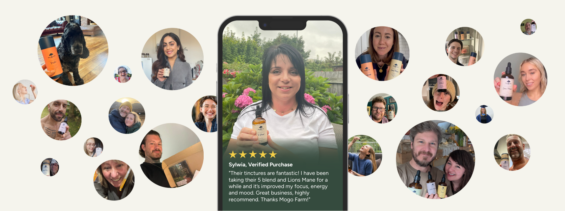 Phone screen showing a review with a collage of customers using Mogo Farm mushroom tinctures