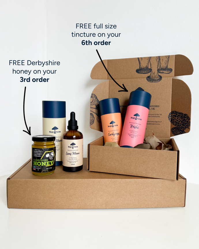 Mushroom tinctures, free gifts of Reishi mushroom tincture and pure Derbyshire Honey for Mogo Farm subscribe and save offer